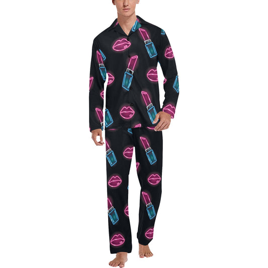 Lipstick Color Neon Pattern Print Design 03 Men's Long Pajama Set