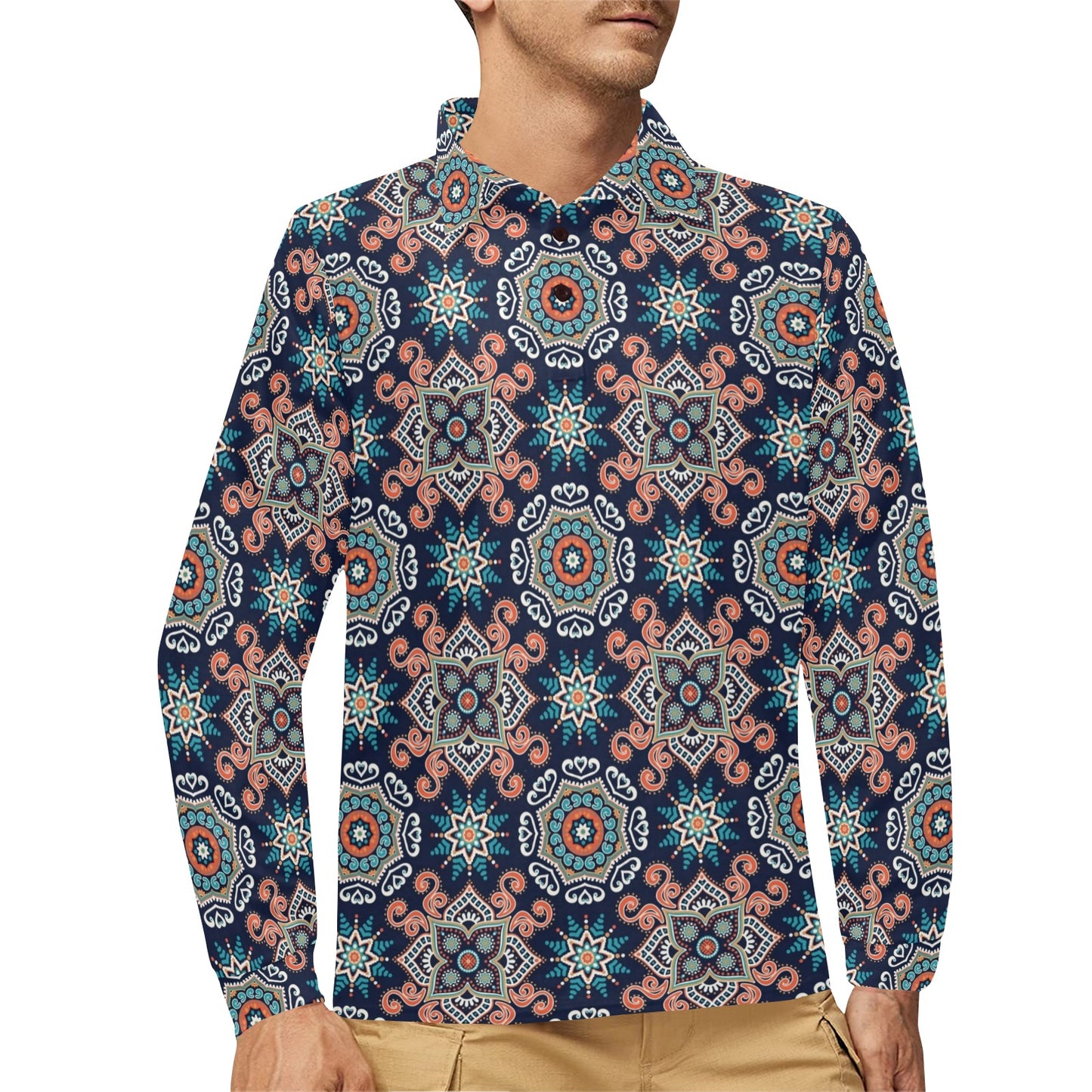 Bohemian Pattern Print Design 02 Long Sleeve Polo Shirt For Men's