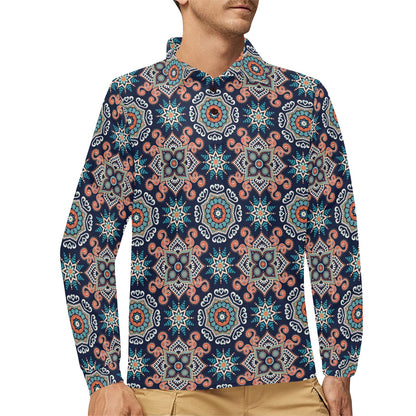 Bohemian Pattern Print Design 02 Long Sleeve Polo Shirt For Men's
