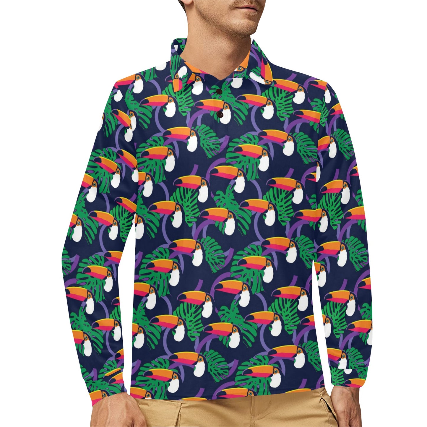 Toucan Print Design LKS302 Long Sleeve Polo Shirt For Men's