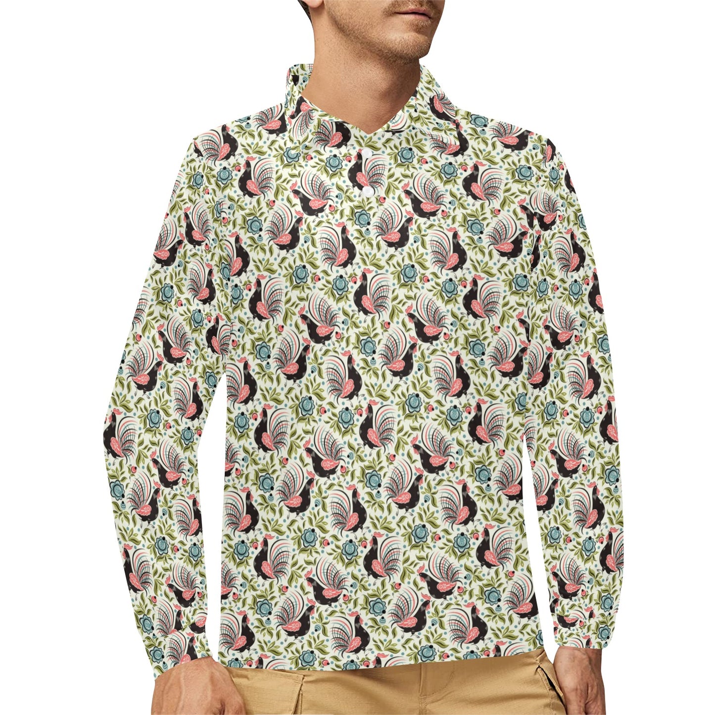 Rooster Print Design Long Sleeve Polo Shirt For Men's