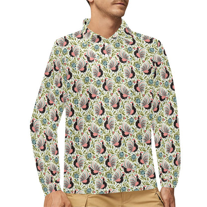 Rooster Print Design Long Sleeve Polo Shirt For Men's