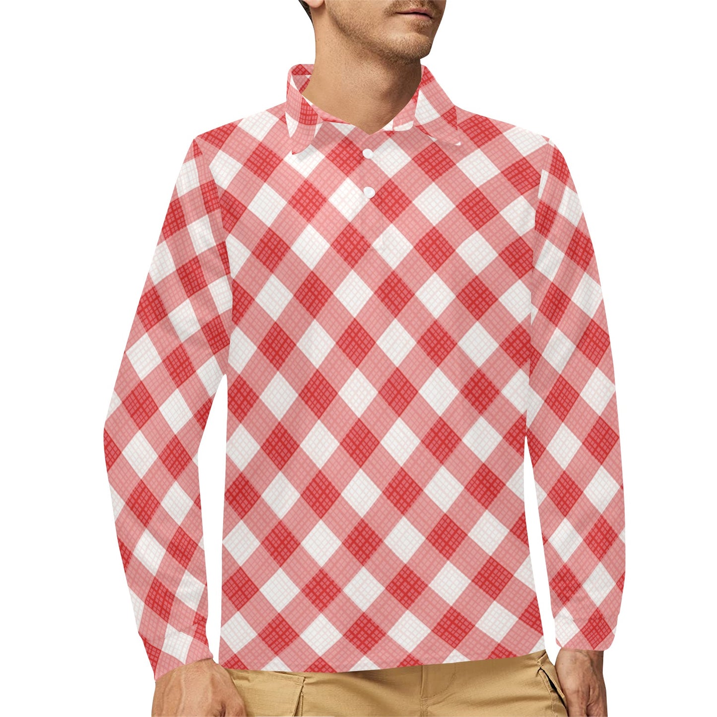 Gingham Red Pattern Print Design 01 Long Sleeve Polo Shirt For Men's