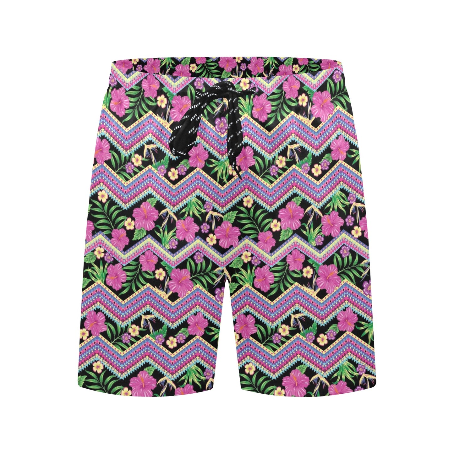 Hibiscus Pink Zigzag Line Pattern Design LKS307 Men's Swim Trunks Beach Shorts