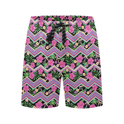 Hibiscus Pink Zigzag Line Pattern Design LKS307 Men's Swim Trunks Beach Shorts