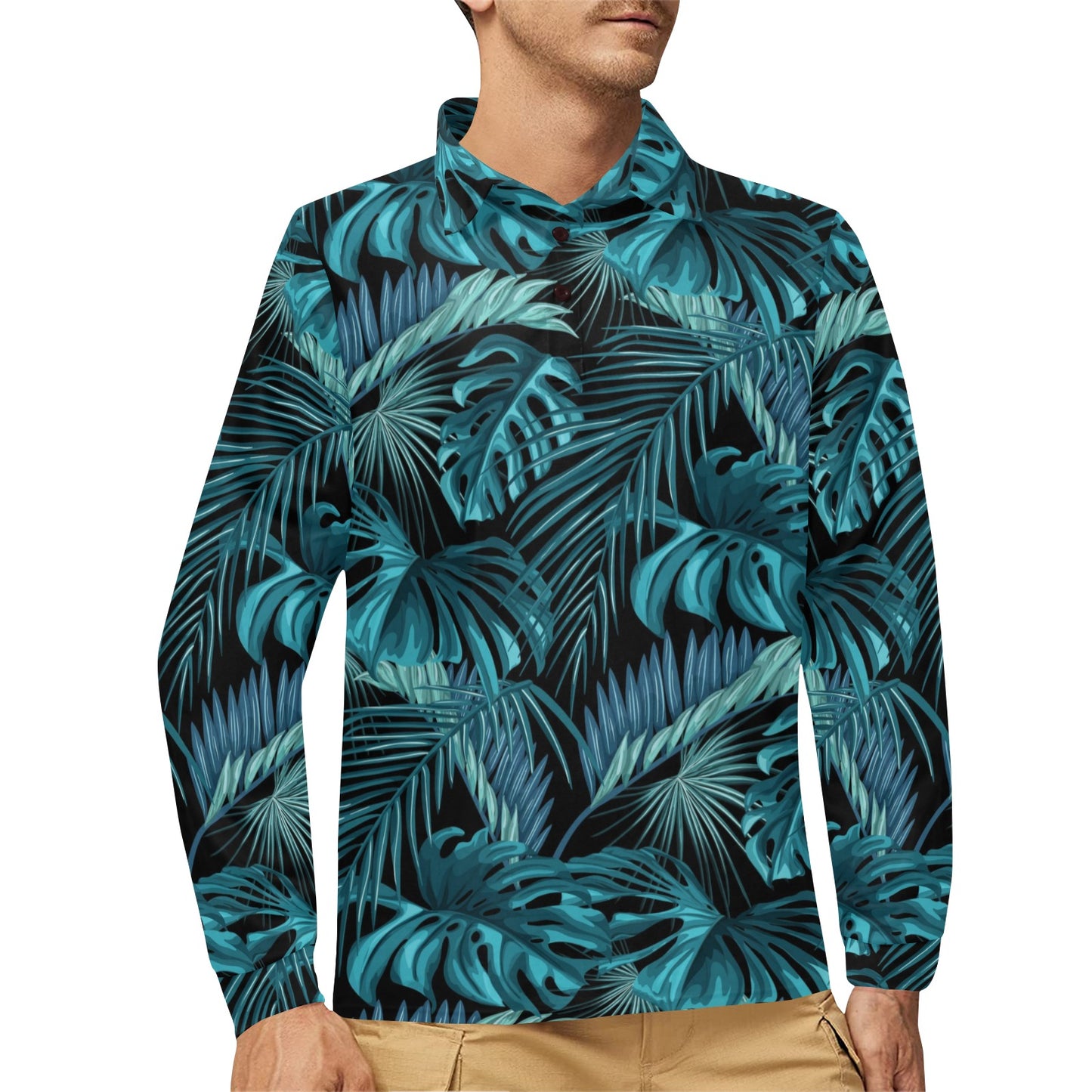 Palm Leaf Pattern Print Design A03 Long Sleeve Polo Shirt For Men's