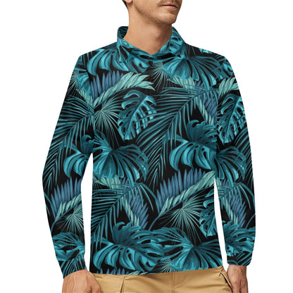 Palm Leaf Pattern Print Design A03 Long Sleeve Polo Shirt For Men's