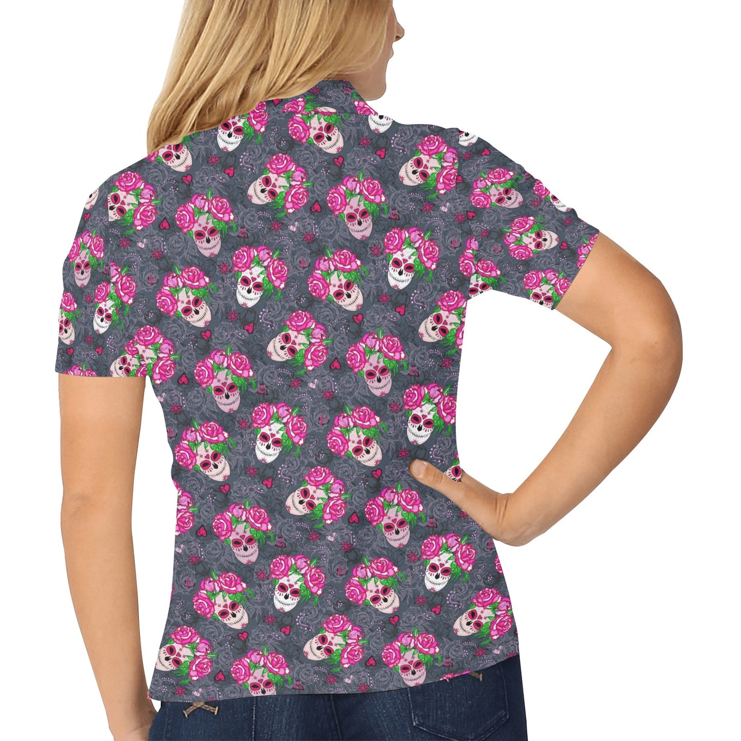 Sugar Skull Pink Rose Themed Print Women's Polo Shirt