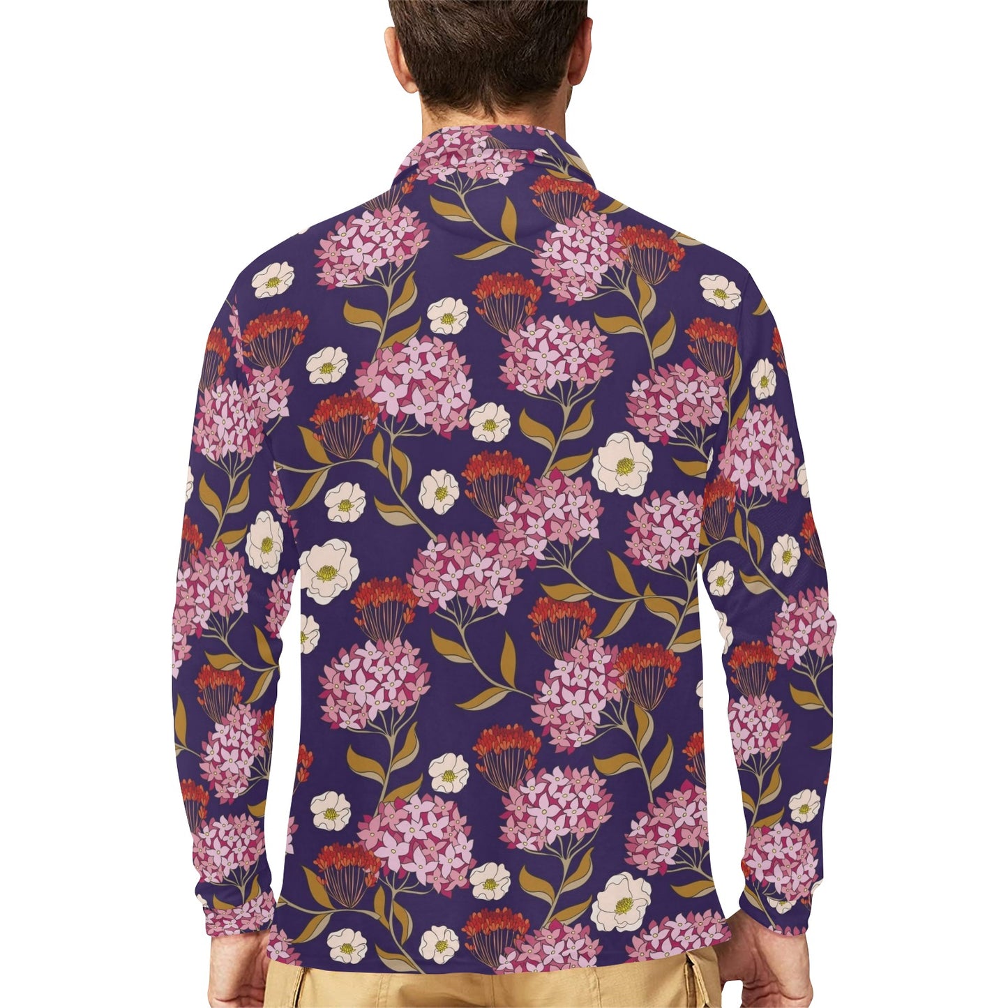 Hydrangea Pattern Print Design HD010 Long Sleeve Polo Shirt For Men's