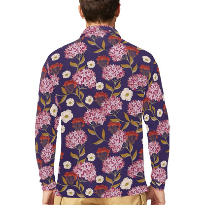 Hydrangea Pattern Print Design HD010 Long Sleeve Polo Shirt For Men's