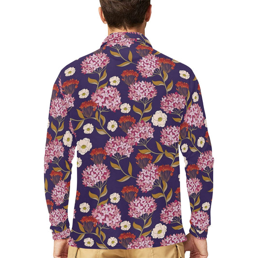 Hydrangea Pattern Print Design HD010 Long Sleeve Polo Shirt For Men's