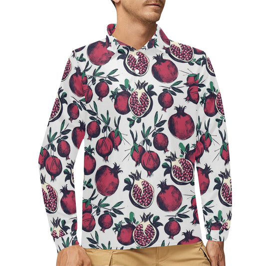 Pomegranate Pattern Print Design PG01 Long Sleeve Polo Shirt For Men's