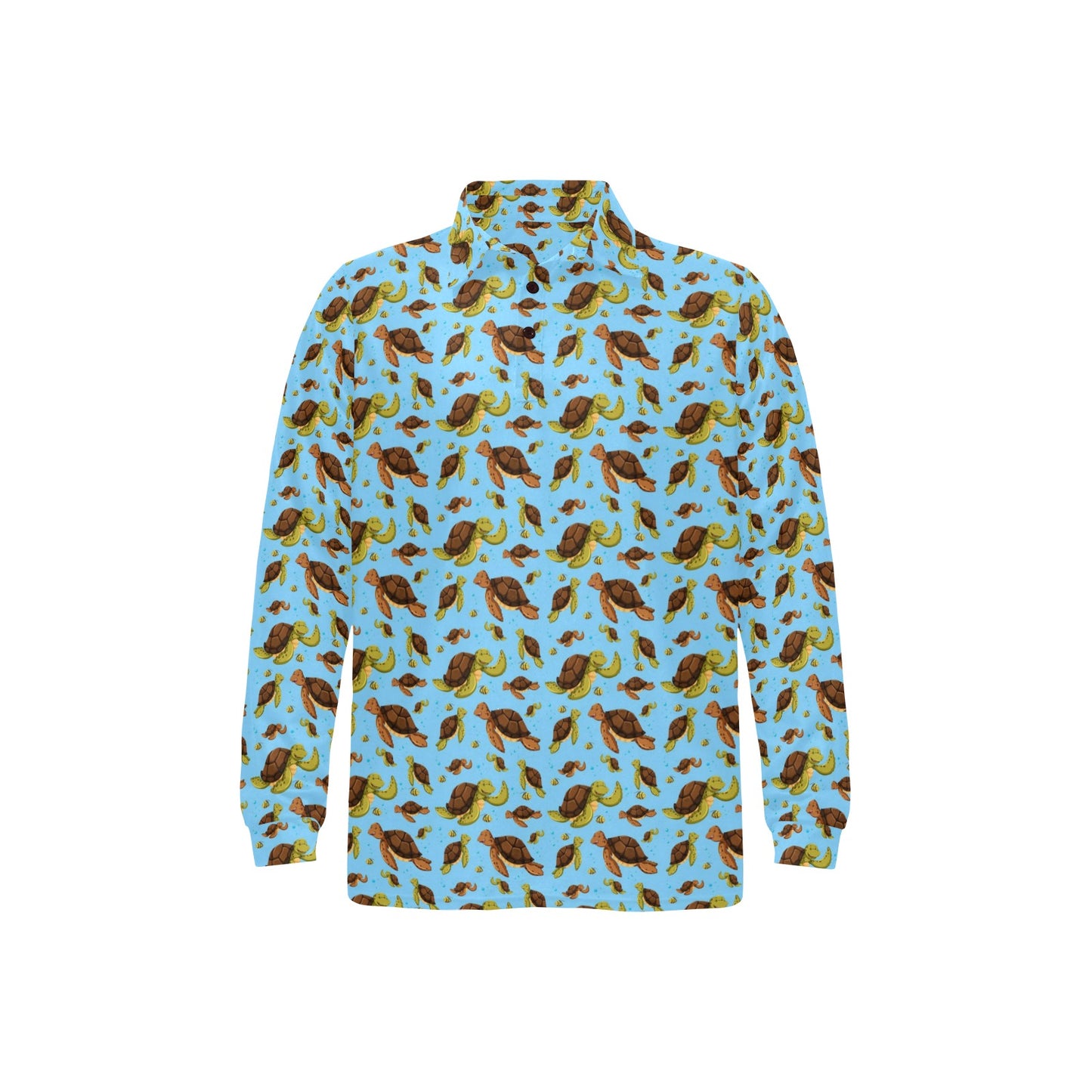 Hello Sea Turtle Print Pattern Long Sleeve Polo Shirt For Men's