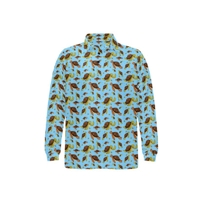 Hello Sea Turtle Print Pattern Long Sleeve Polo Shirt For Men's
