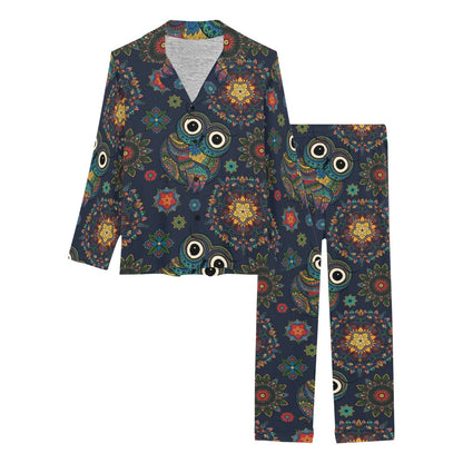 Owl Boho Style Pattern Print Design A04 Women's Long Pajama Set