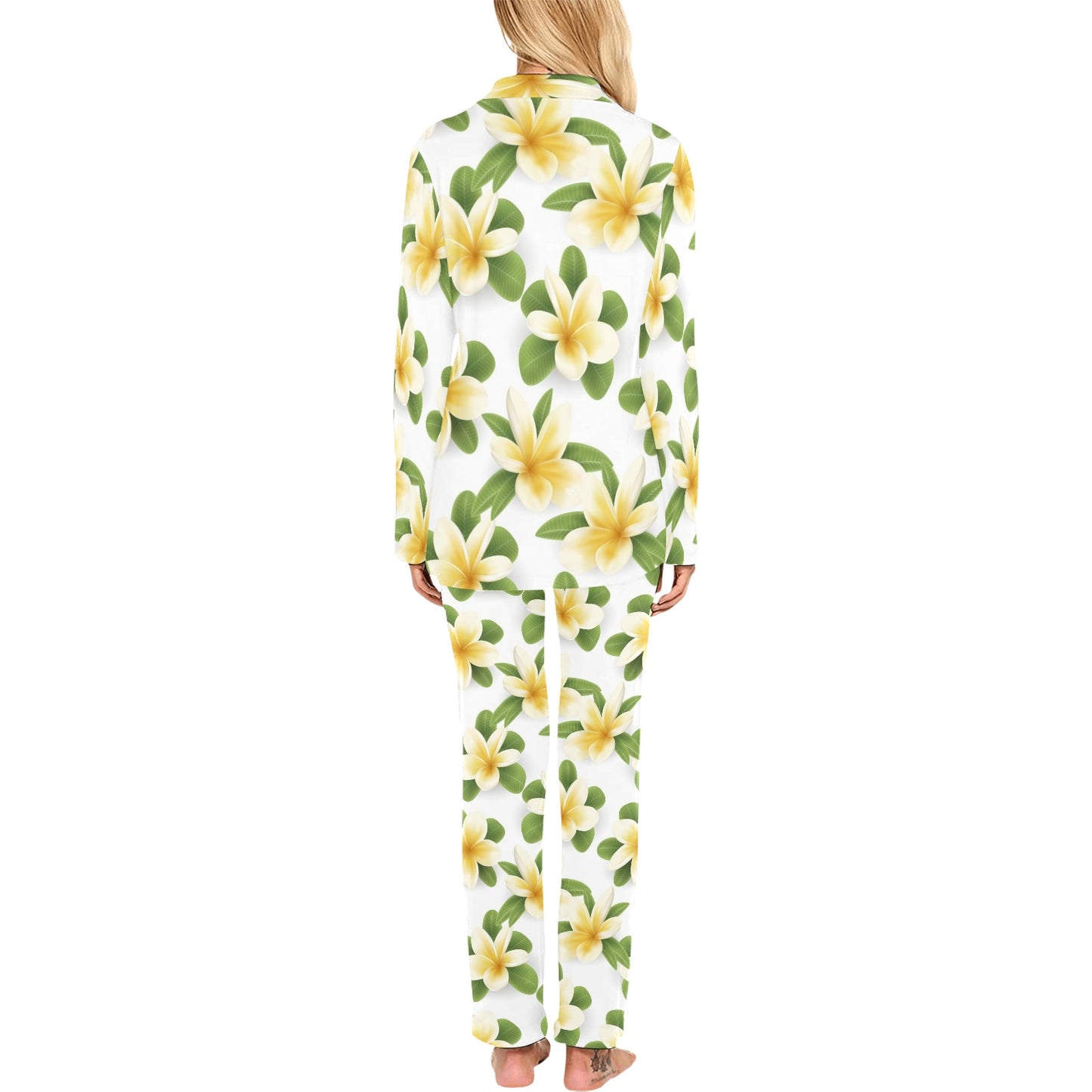 Yellow Plumeria Pattern Print Design PM012 Women's Long Pajama Set