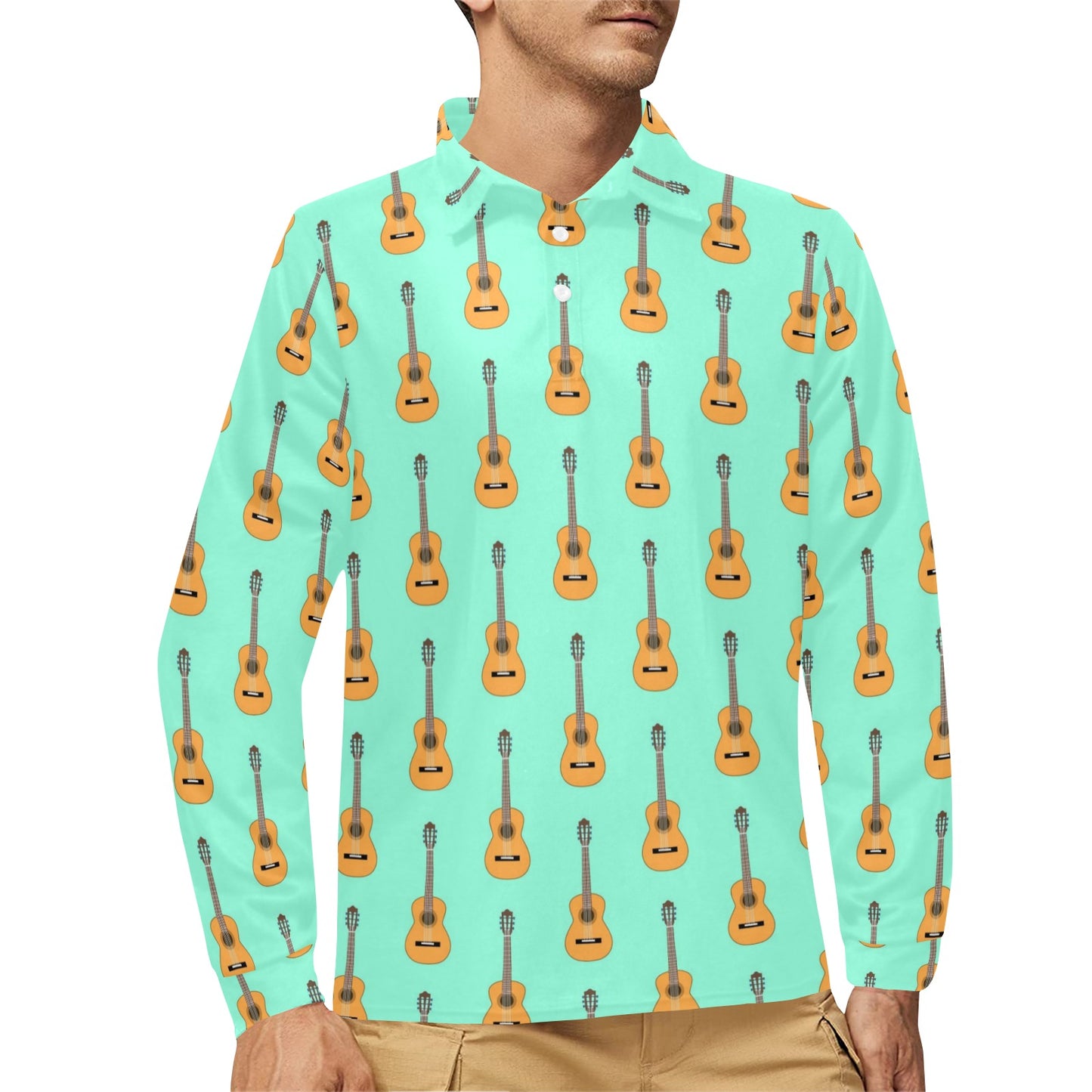 Acoustic Guitar Print Design LKS403 Long Sleeve Polo Shirt For Men's