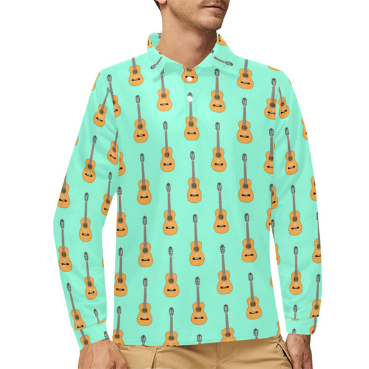 Acoustic Guitar Print Design LKS403 Long Sleeve Polo Shirt For Men's