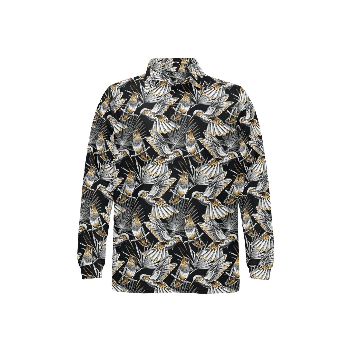 Hummingbird Gold Design Themed Print Long Sleeve Polo Shirt For Men's