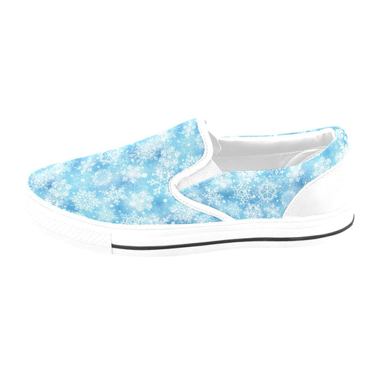 Snowflake Blue Print Design LKS301 White Slip Ons Canvas Women's Shoes