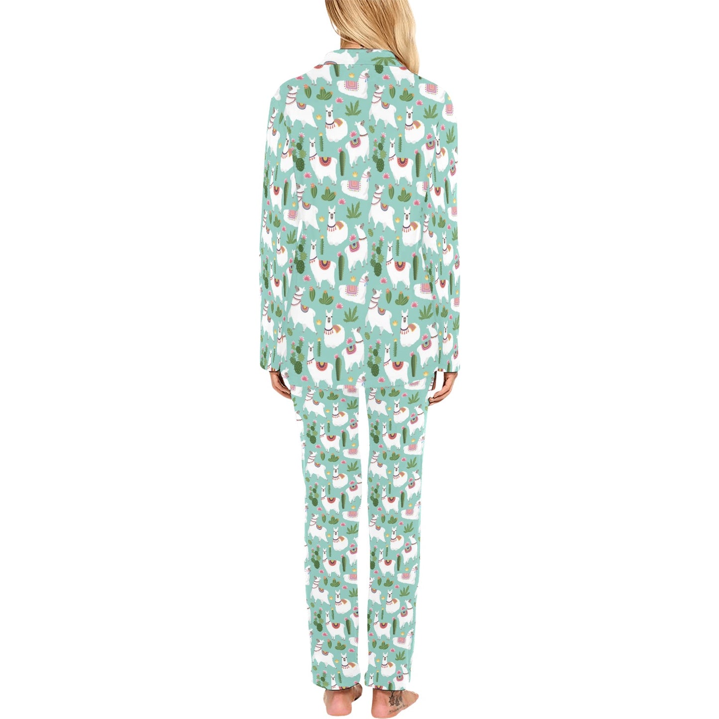 Llama with Cactus Themed Print Women's Long Pajama Set