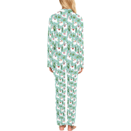 Llama with Cactus Themed Print Women's Long Pajama Set