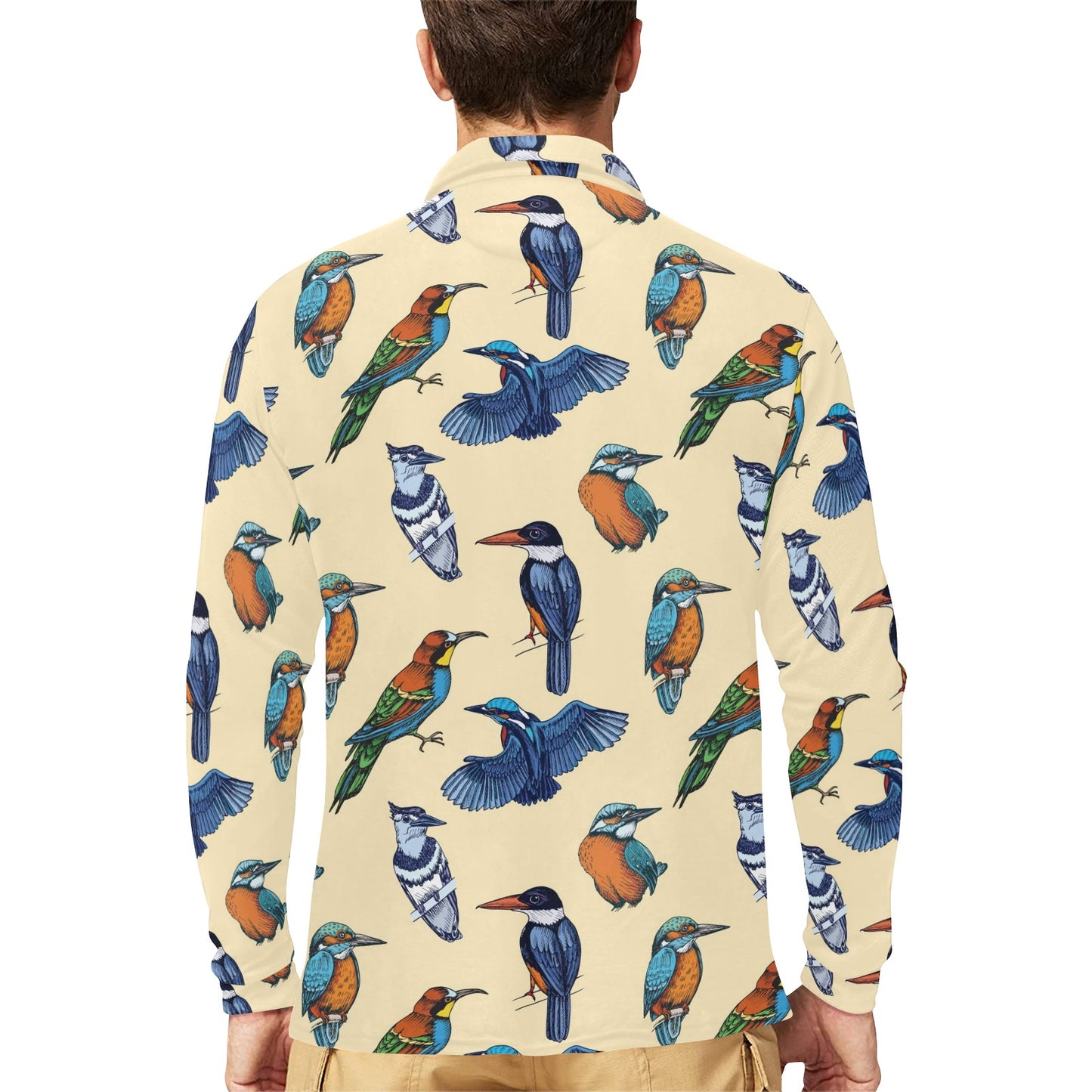 Kingfisher Bird Pattern Print Design 04 Long Sleeve Polo Shirt For Men's