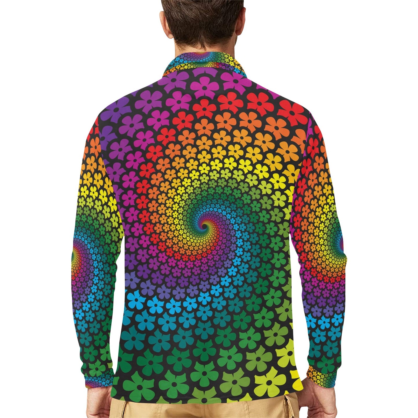 Flower Power Rainbow Spiral Print Long Sleeve Polo Shirt For Men's