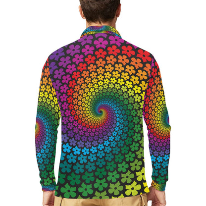 Flower Power Rainbow Spiral Print Long Sleeve Polo Shirt For Men's