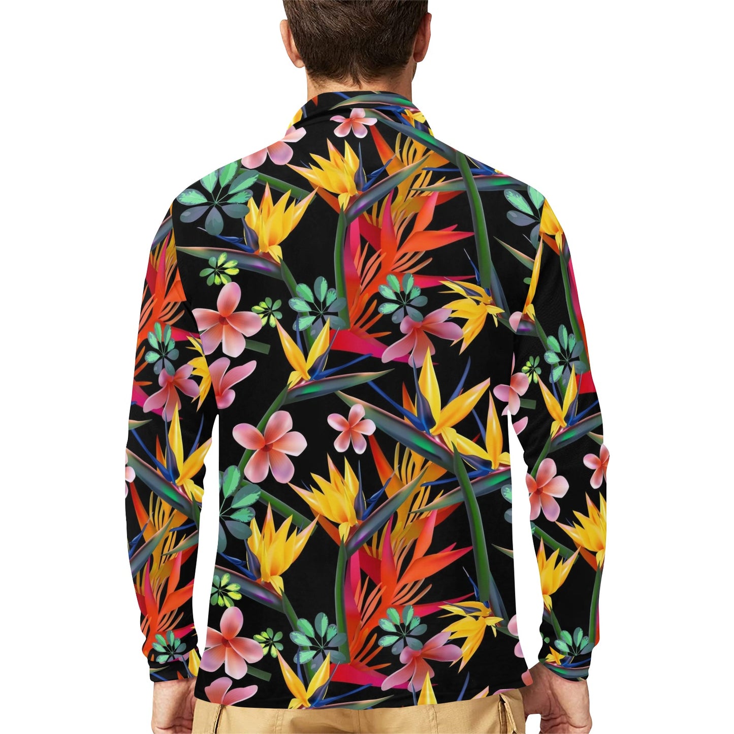 Tropical Flower Pattern Print Design TF015 Long Sleeve Polo Shirt For Men's