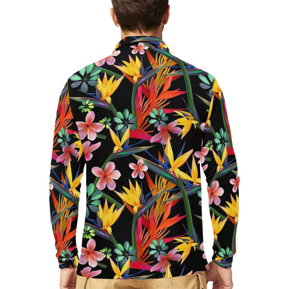 Tropical Flower Pattern Print Design TF015 Long Sleeve Polo Shirt For Men's