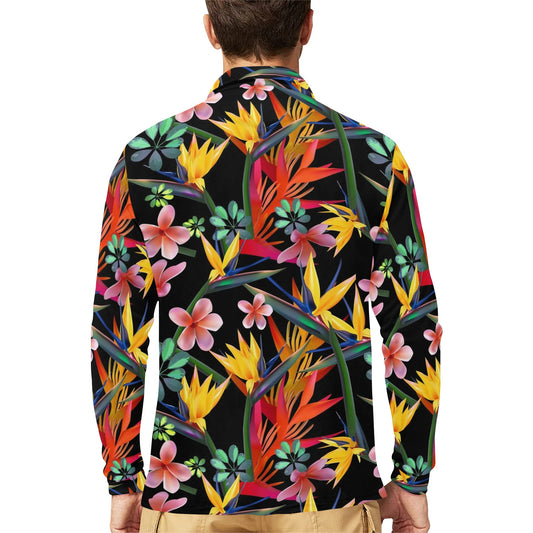Tropical Flower Pattern Print Design TF015 Long Sleeve Polo Shirt For Men's