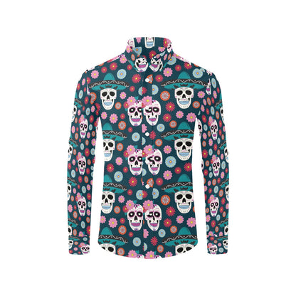 Sugar Skull Print Design LKS308 Men's Long Sleeve Dress Shirt