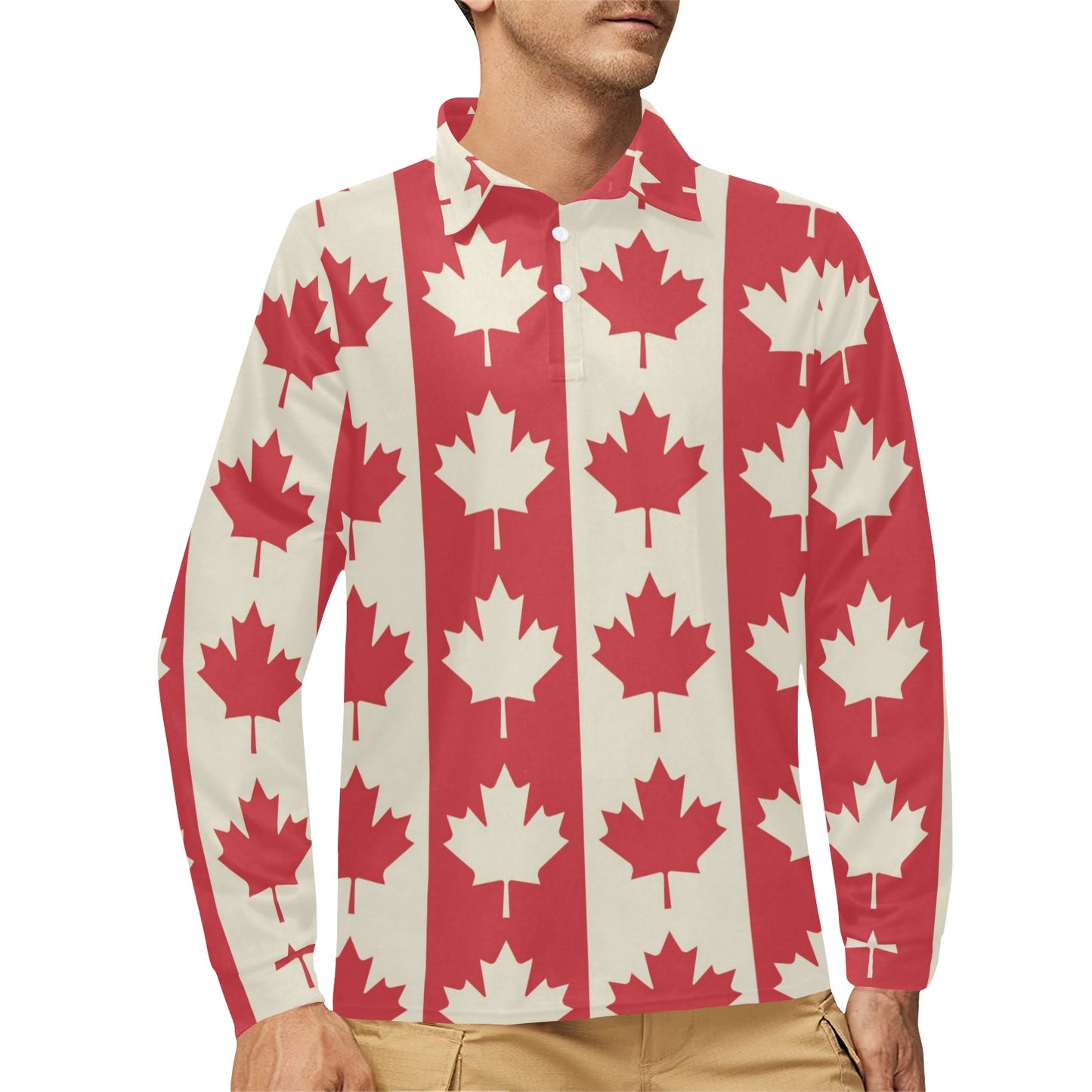 Maple Leaf Pattern Print Design 02 Long Sleeve Polo Shirt For Men's