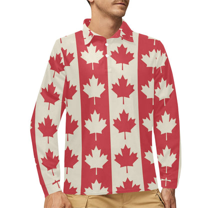Maple Leaf Pattern Print Design 02 Long Sleeve Polo Shirt For Men's