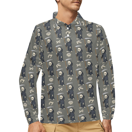 Skeleton Print Design LKS308 Long Sleeve Polo Shirt For Men's