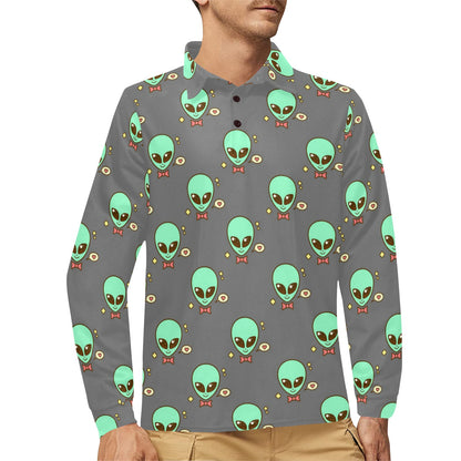 Alien Pattern Print Design 02 Long Sleeve Polo Shirt For Men's