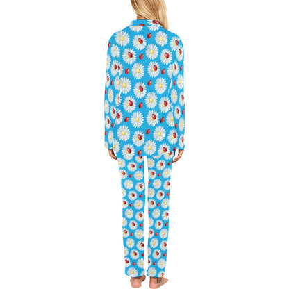 Ladybug with Daisy Themed Print Pattern Women's Long Pajama Set