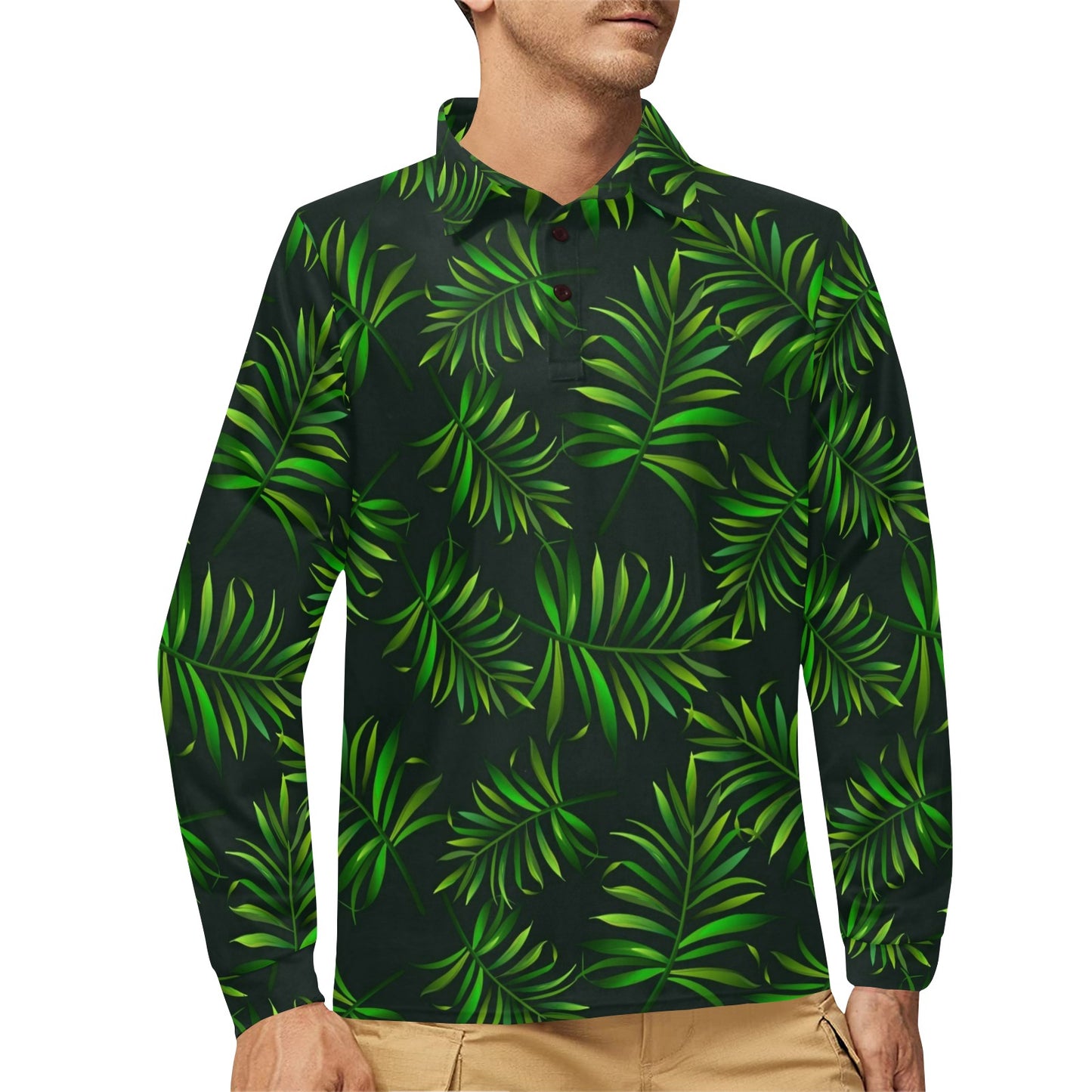 Rainforest Pattern Print Design RF03 Long Sleeve Polo Shirt For Men's