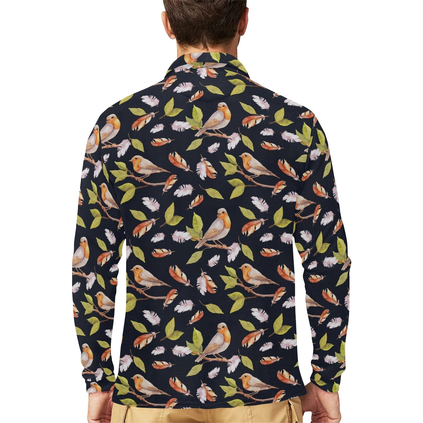 Birds Pattern Print Design 02 Long Sleeve Polo Shirt For Men's