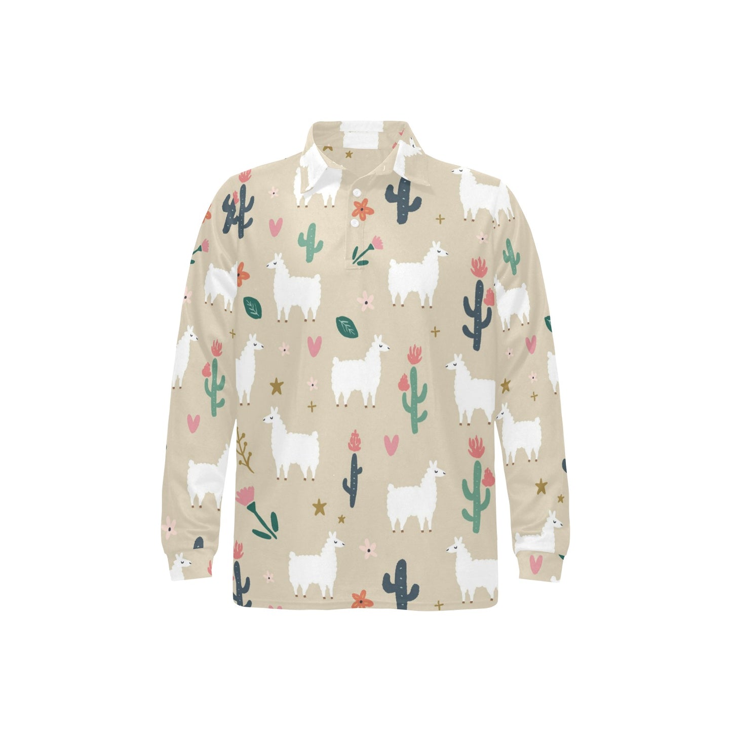 Llama Cactus Pattern Print Design 09 Long Sleeve Polo Shirt For Men's