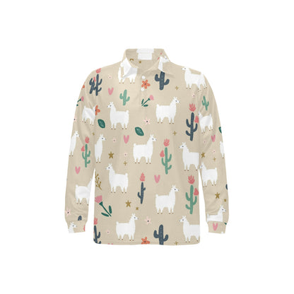 Llama Cactus Pattern Print Design 09 Long Sleeve Polo Shirt For Men's