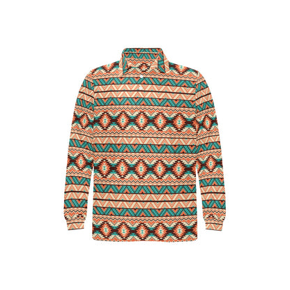 Navajo Western Style Print Pattern Long Sleeve Polo Shirt For Men's