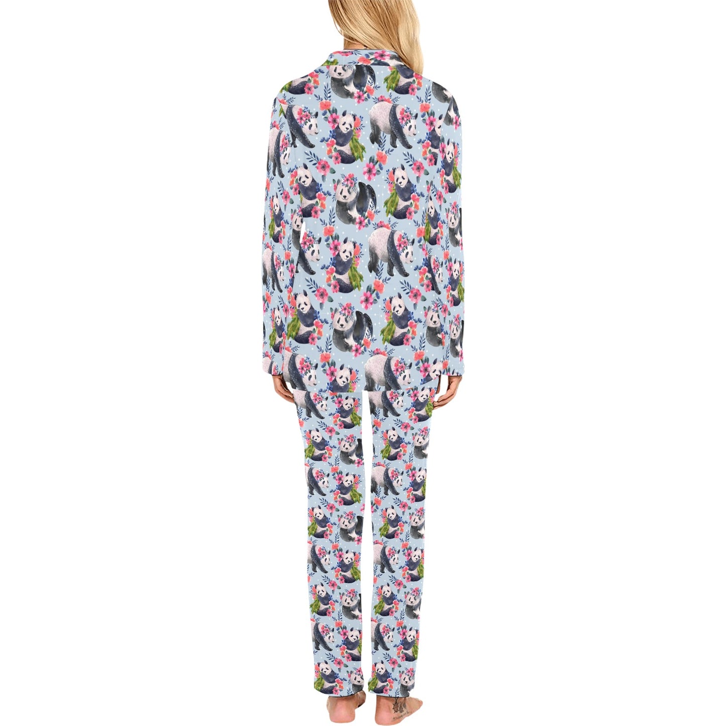 Panda Bear Flower Design Themed Print Women's Long Pajama Set