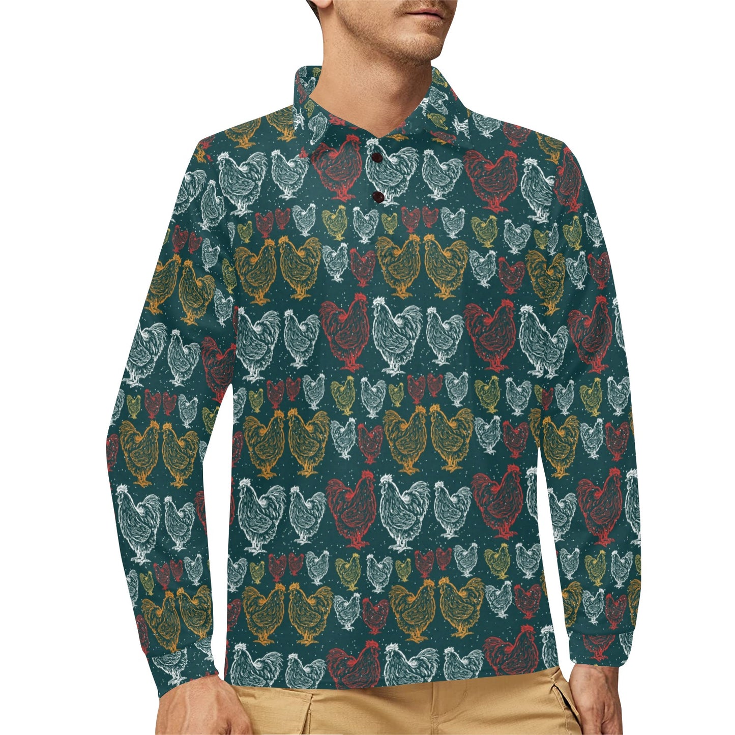 Rooster Hand Draw Design Long Sleeve Polo Shirt For Men's