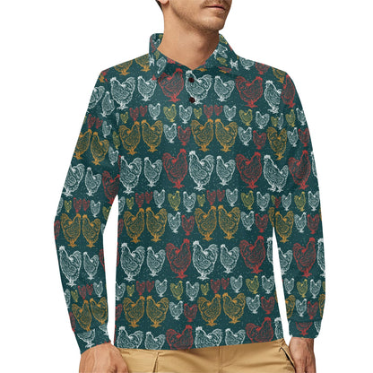 Rooster Hand Draw Design Long Sleeve Polo Shirt For Men's