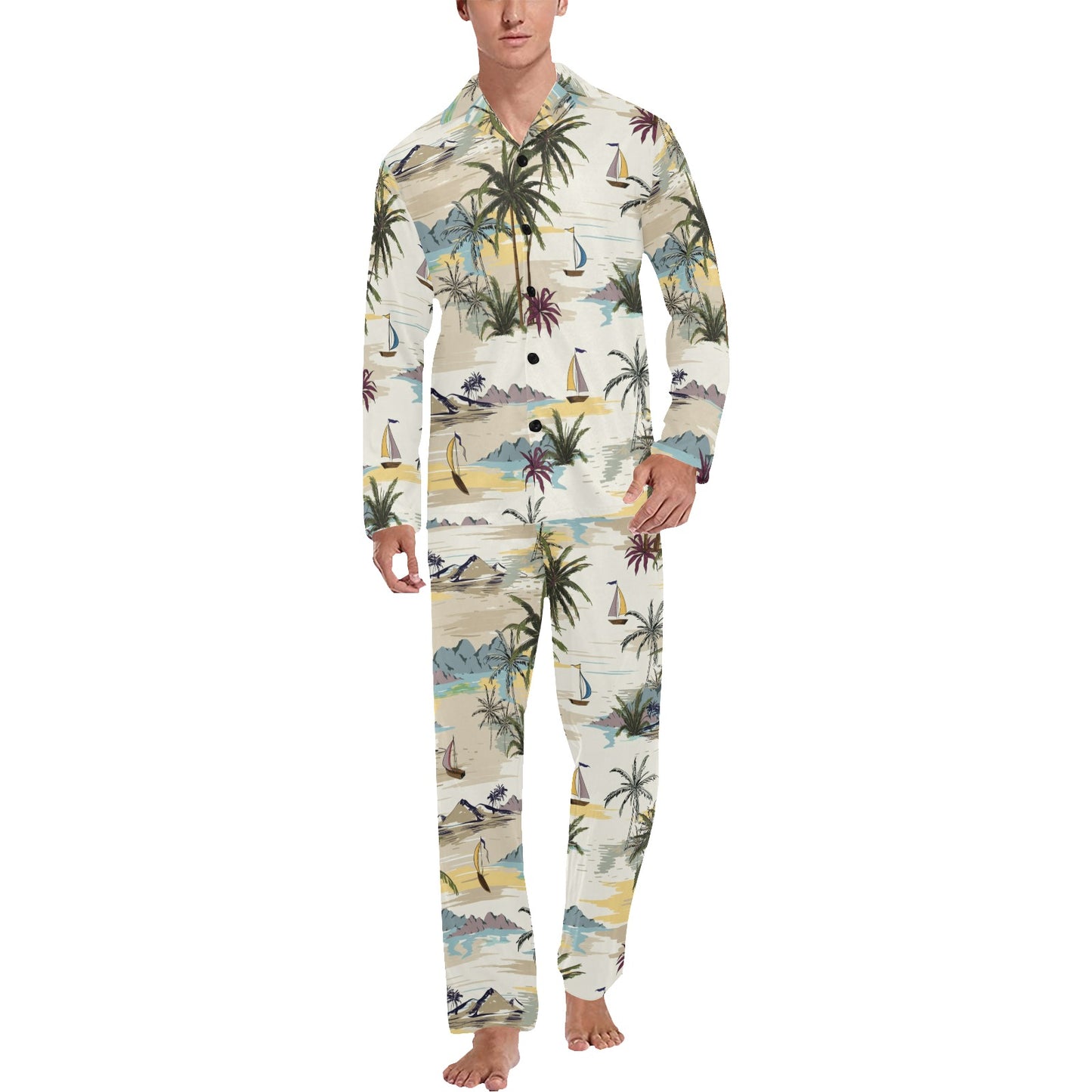 Palm Tree Beach Print Men's Long Pajama Set