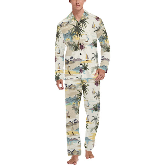Palm Tree Beach Print Men's Long Pajama Set