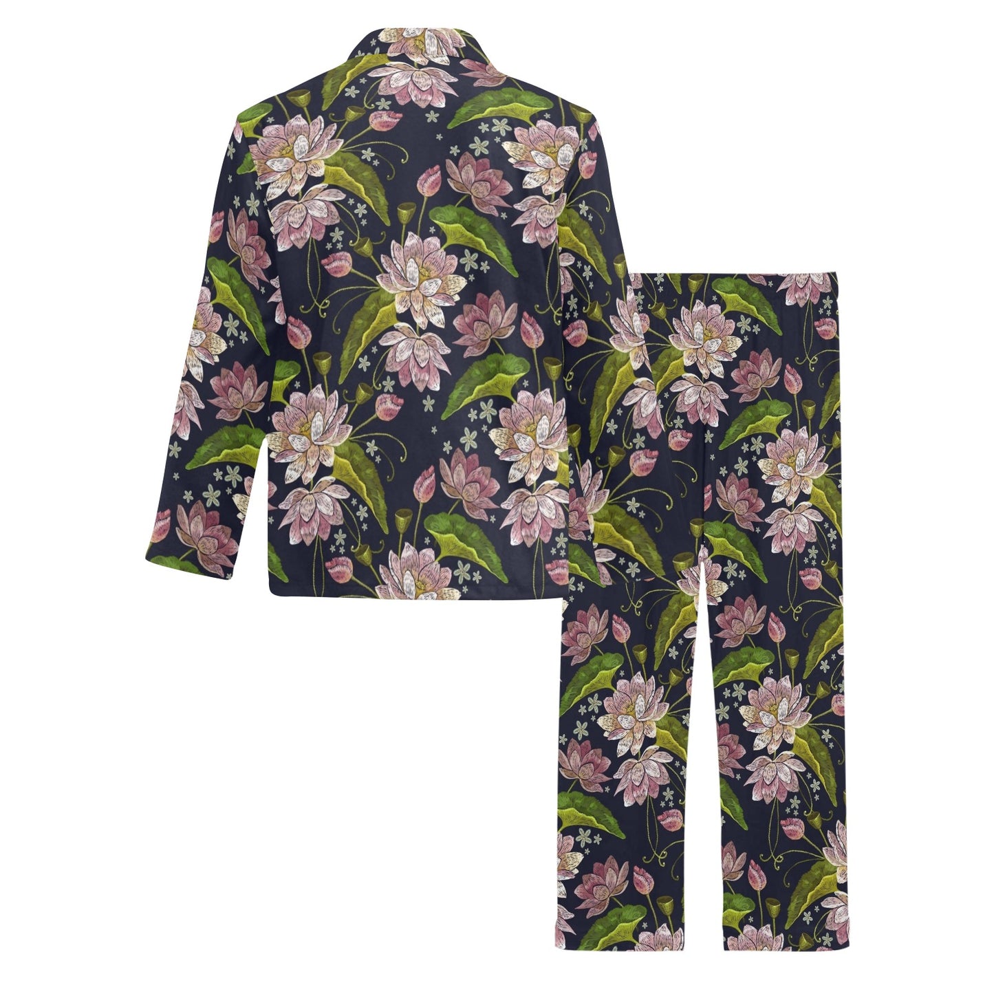 lotus Embroidered Pattern Print Design LO06 Men's Long Pajama Set