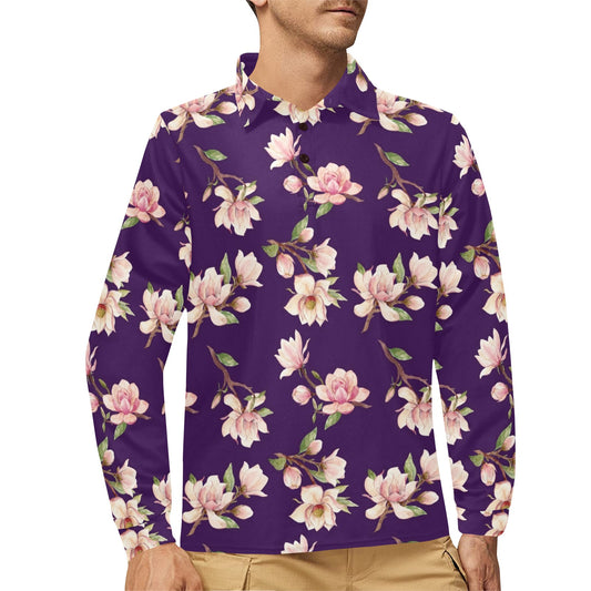 Magnolia Pattern Print Design MAG02 Long Sleeve Polo Shirt For Men's